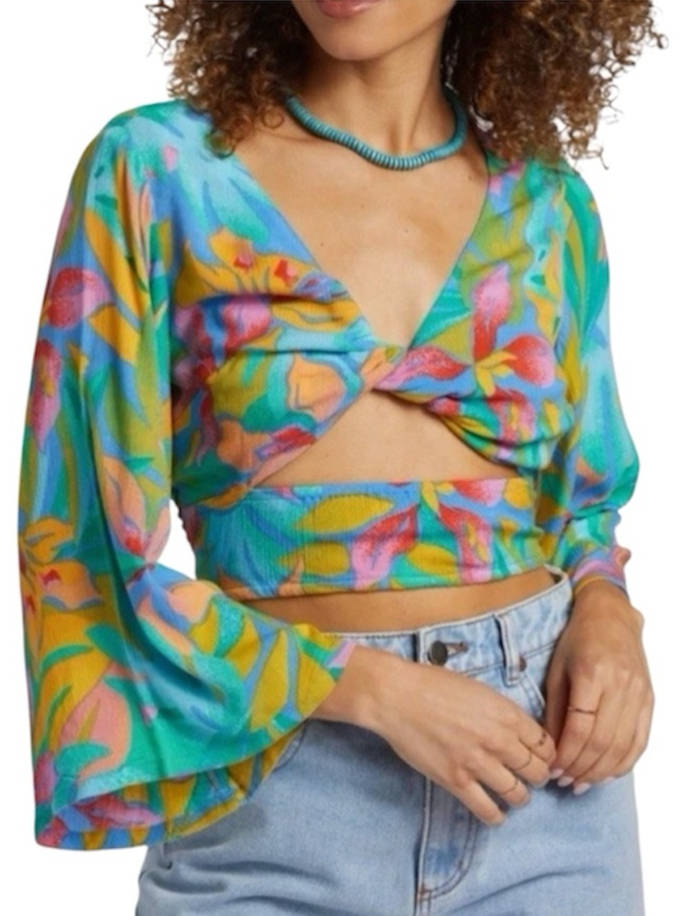 Billabong Tropical Knot-Front Crop Top in Green, Teal, Yellow & Pink, Sz M, NWT